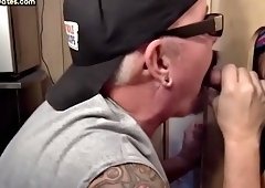 Gloryhole bottom DILF fucked in the ass at home after blowjob
