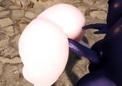 Bimbo Rides and Enjoys Purple Long Futanari Cock