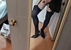 Shemale HeelsnCum in Lingerie Jerks Off and Cums on Heels and Stockings