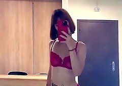 Brunette chick wearing red lingerie having fun - Homemade video