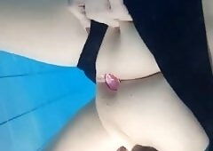 Tranny Girl PUBLIC with plug in ass while bathing in thermal baths. She's masturbating under water!