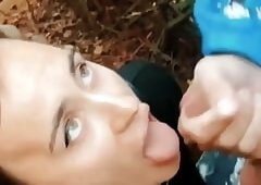 Me- Teen Girl Sucks Cock in Public Park Outdoors and Cum Swallow, Pulls Hairy Balls, Blowjob
